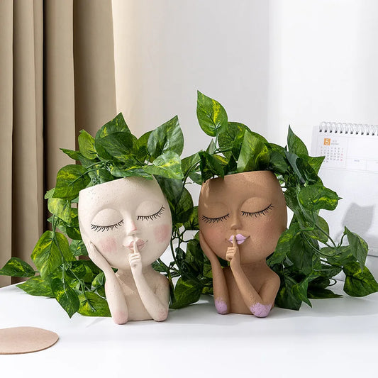 Face Planter Pot Face Flower Pot for Indoor Outdoor Plants Cute Lady Resin Succulent Planter with Dr...