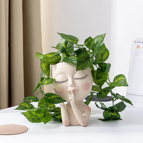 Face Planter Pot Face Flower Pot for Indoor Outdoor Plants Cute Lady Resin Succulent Planter with Dr...