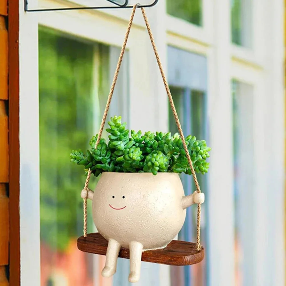 Resin Cartoon Swing Wall Hanging Flowerpot - Creative Head Planter for Home Garden Patio Decor, Mult...