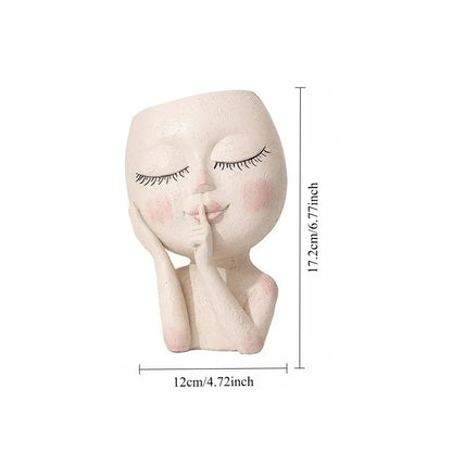 Face Planter Pot Face Flower Pot for Indoor Outdoor Plants Cute Lady Resin Succulent Planter with Dr...