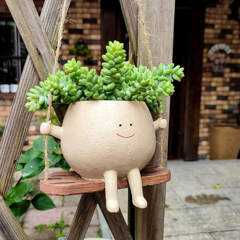 Resin Cartoon Swing Wall Hanging Flowerpot - Creative Head Planter for Home Garden Patio Decor, Mult...