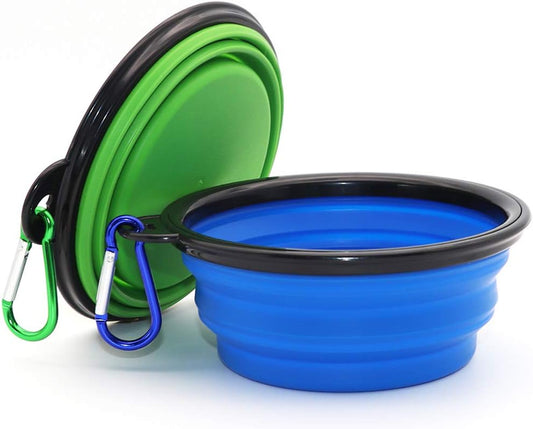Collapsible 2-Pack Dog Bowl Set - Portable Expandable Pet Food and Water Dishes in Blue and Green