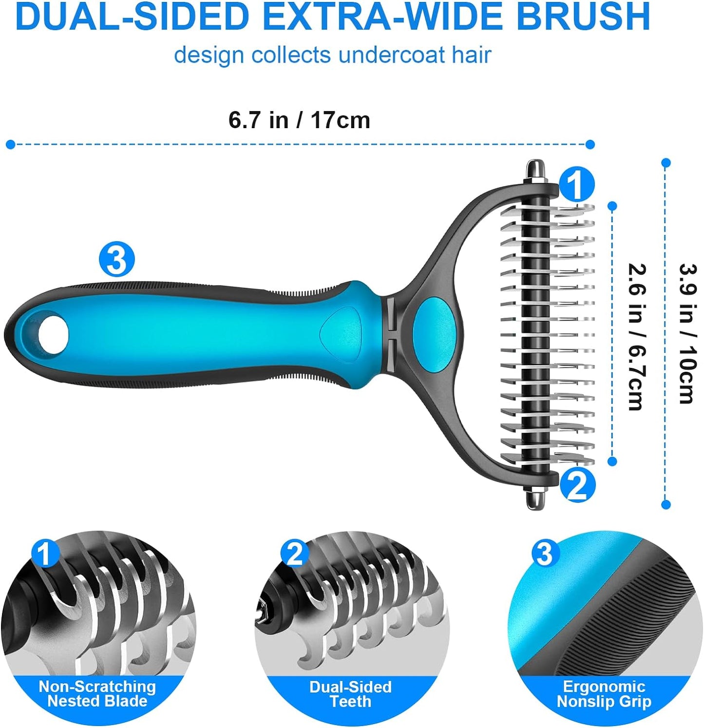 Pet Grooming Brush - Dual-Sided Gentle Shedding and Dematting Undercoat Rake Comb for Dogs and Cats, Reducing Shedding and Hair Dispersal