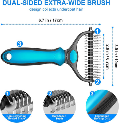 Pet Grooming Brush - Dual-Sided Gentle Shedding and Dematting Undercoat Rake Comb for Dogs and Cats, Reducing Shedding and Hair Dispersal